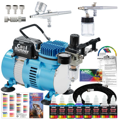 Cool Runner II with Dual Fan Compressor & 2 Airbrushes - Includes 6 Primary Acrylic Paint Colors Artist Set, Color Chart & Hose