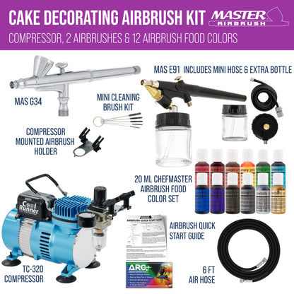 Cool Runner II Airbrush Cake Decorating Kit with Dual Fan Air Compressor, 2 Airbrushes, 12 Color Chefmaster Food Coloring Set