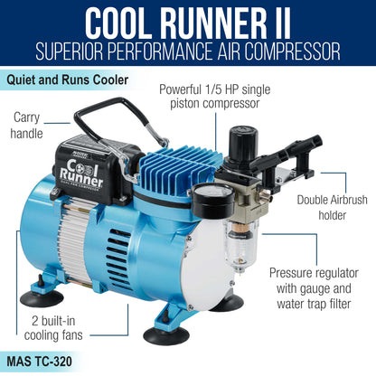 Cool Runner II Airbrush Cake Decorating Kit with Dual Fan Air Compressor, 2 Airbrushes, 12 Color Chefmaster Food Coloring Set
