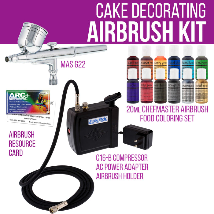 Master Airbrush Cake Decorating Airbrushing System Kit with A Set of 12 Chefmaster Food Colors, Gravity Feed Dual-Action
