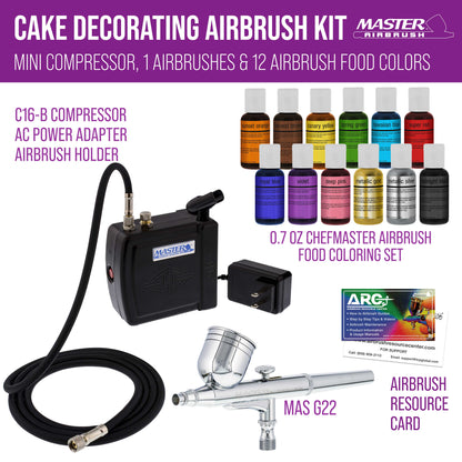 Cake Decorating Airbrush Kit with Compressor, 12 Color Chefmaster Food Coloring Set, Gravity Feed Dual-Action Air Brush & - Cake