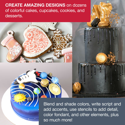 Cake Decorating Airbrush Kit with Compressor, 12 Color Chefmaster Food Coloring Set, Gravity Feed Dual-Action Air Brush & - Cake