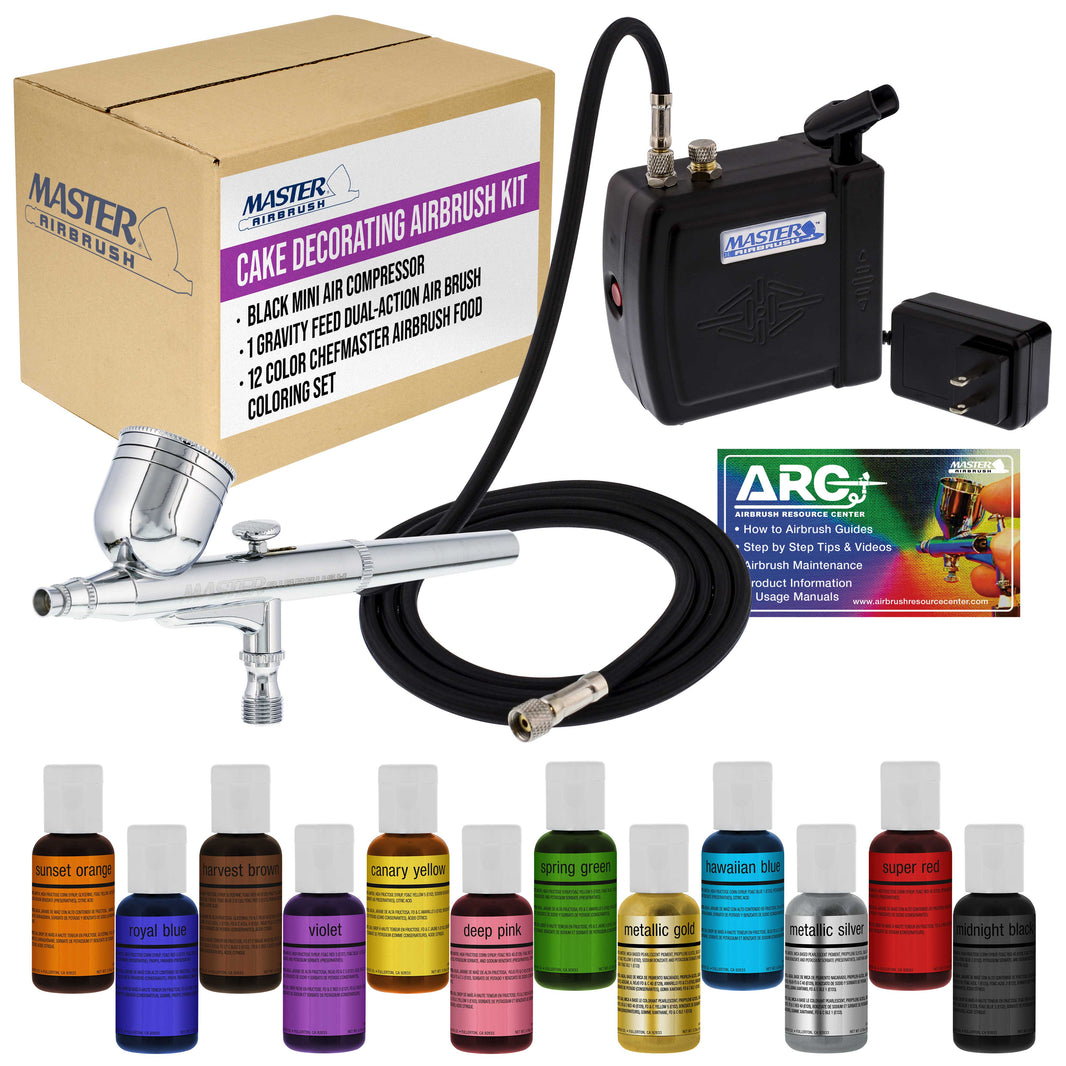 Cake Decorating Airbrush Kit with Compressor, 12 Color Chefmaster Food Coloring Set, Gravity Feed Dual-Action Air Brush & - Cake