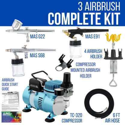 3 Professional Multi-Purpose Airbrushing System Kit - Hose, Air Compressor, Universal Airbrush Holder - How-To-Airbrush Guide Booklet