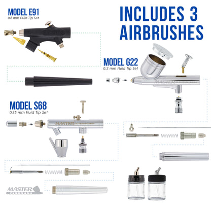 3 Professional Multi-Purpose Airbrushing System Kit - Hose, Air Compressor, Universal Airbrush Holder - How-To-Airbrush Guide Booklet