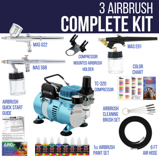 Professional Cool Runner II Dual Fan Air Compressor, 3 Airbrush System Kit with 6 Primary Opaque Colors Acrylic Paint Artist Set - How To Guide