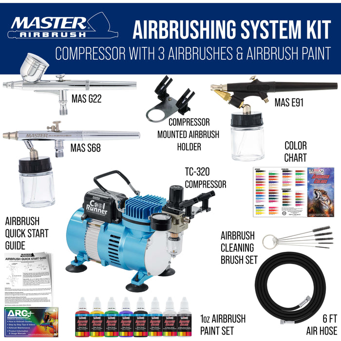Master Airbrush Cool Runner II Airbrush Kit with Dual Fan Air Compressor, 3 Airbrushes, 6 Color Acrylic Paint Set, Cleaning Brushes & How-To Air Brush Manual, Gravity & Siphon Feed