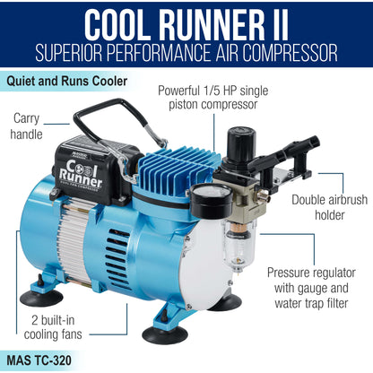 Cool Runner II Airbrush Kit with Dual Fan Air Compressor, 3 Airbrushes, 6 Color Acrylic Paint Set, Cleaning Brushes & How-To Air