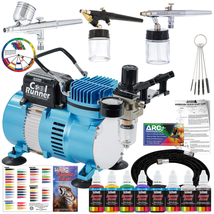 Master Airbrush Cool Runner II Airbrush Kit with Dual Fan Air Compressor, 3 Airbrushes, 6 Color Acrylic Paint Set, Cleaning Brushes & How-To Air Brush Manual, Gravity & Siphon Feed