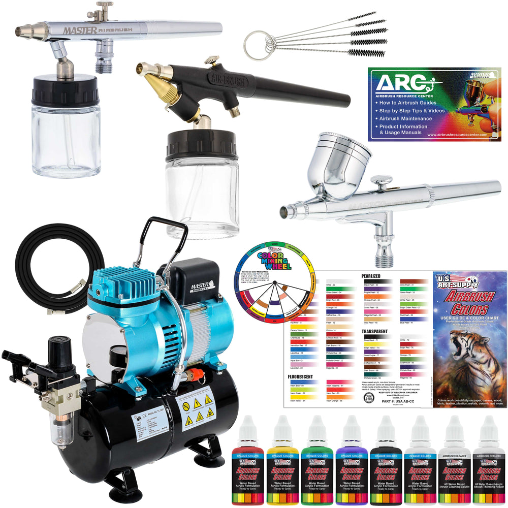 Master Airbrush Multi-Purpose Airbrushing System with 3 Airbrushes, 6 U.S. Art Supply Primary Acrylic Paint Colors, Cool Running Air Compressor