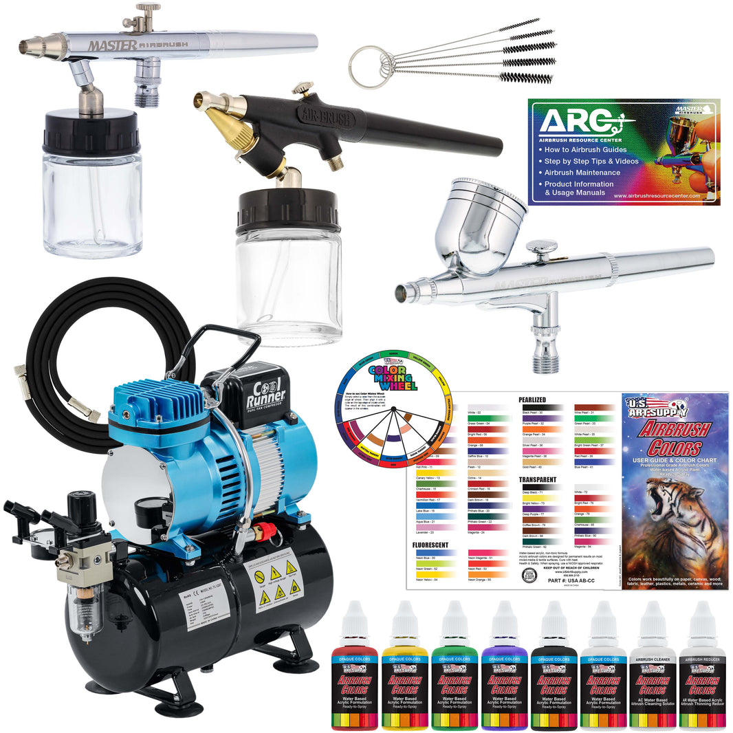 Cool Runner II Airbrush Kit with Dual Fan Air Compressor, 3 Liter Air Storage Tank, 3 Airbrushes, 6 Color Acrylic Paint Set, Brushes