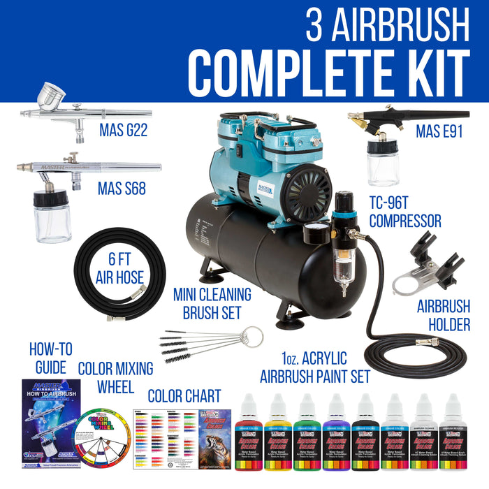 Airbrushing System with 3 Airbrushes, 6 Primary Colors Acrylic Paint Set - Cool Running 1/4 hp Twin Cylinder Piston Air Compressor with Storage Tank