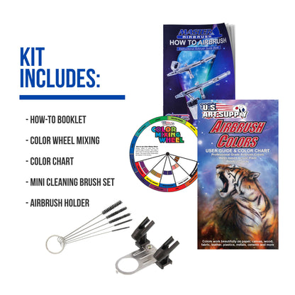 1/4 HP Twin Cylinder Airbrush Kit with Cool Running Air Compressor, 3 Liter Air Storage Tank, 3 Airbrushes, 6 Color Acrylic Paint