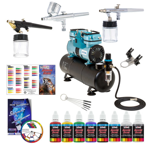 Airbrushing System with 3 Airbrushes, 6 Primary Colors Acrylic Paint Set - Cool Running 1/4 hp Twin Cylinder Piston Air Compressor with Storage Tank