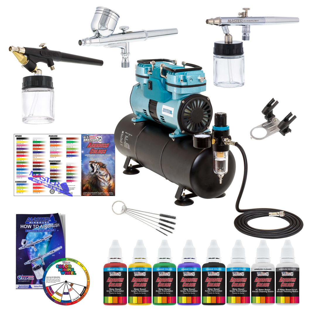 1/4 HP Twin Cylinder Airbrush Kit with Cool Running Air Compressor, 3 Liter Air Storage Tank, 3 Airbrushes, 6 Color Acrylic Paint