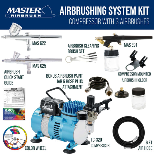 Master Airbrush Cool Runner II Airbrush Kit with Dual Fan Air Compressor, 3 Airbrushes, Cleaning Brushes, Holder, Color Mixing Wheel & How-To Air Brush Manual, Gravity & Siphon Feed