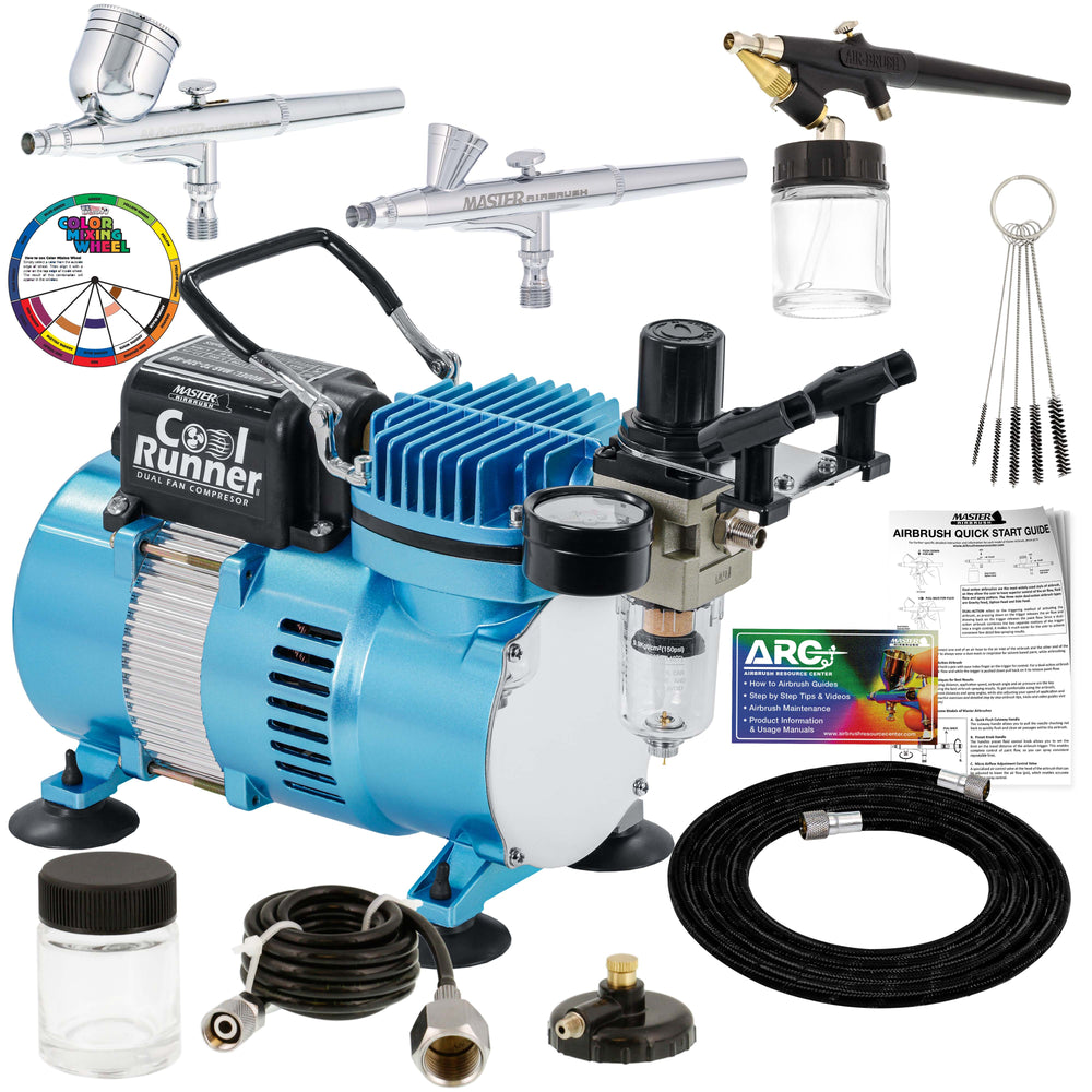 Master Airbrush Cool Runner II Airbrush Kit with Dual Fan Air Compressor, 3 Airbrushes, Cleaning Brushes, Holder, Color Mixing Wheel & How-To Air Brush Manual, Gravity & Siphon Feed