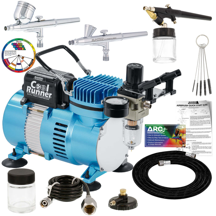 Master Airbrush Cool Runner II Airbrush Kit with Dual Fan Air Compressor, 3 Airbrushes, Cleaning Brushes, Holder, Color Mixing Wheel & How-To Air Brush Manual, Gravity & Siphon Feed