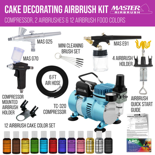 Master Airbrush Cool Runner II Cake Decorating Airbrush Kit with Dual Fan Air Compressor, 12 Color Chefmaster Food Coloring Set, 3 Airbrushes, Cleaning Brushes, Holder & How-To Air Brush Manual