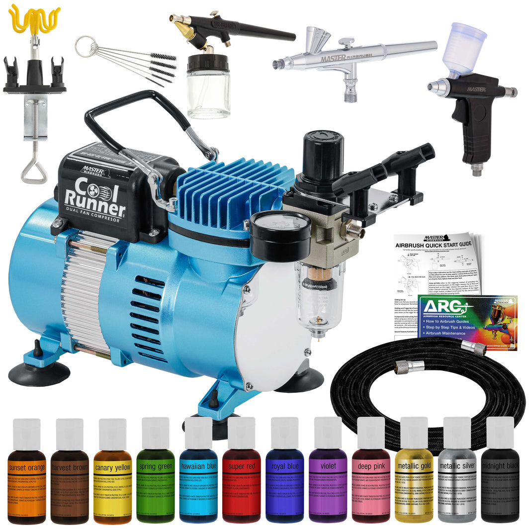 Cool Runner II Cake Decorating Airbrush Kit with Dual Fan Air Compressor, 12 Color Chefmaster Food Coloring Set, 3 Airbrushes