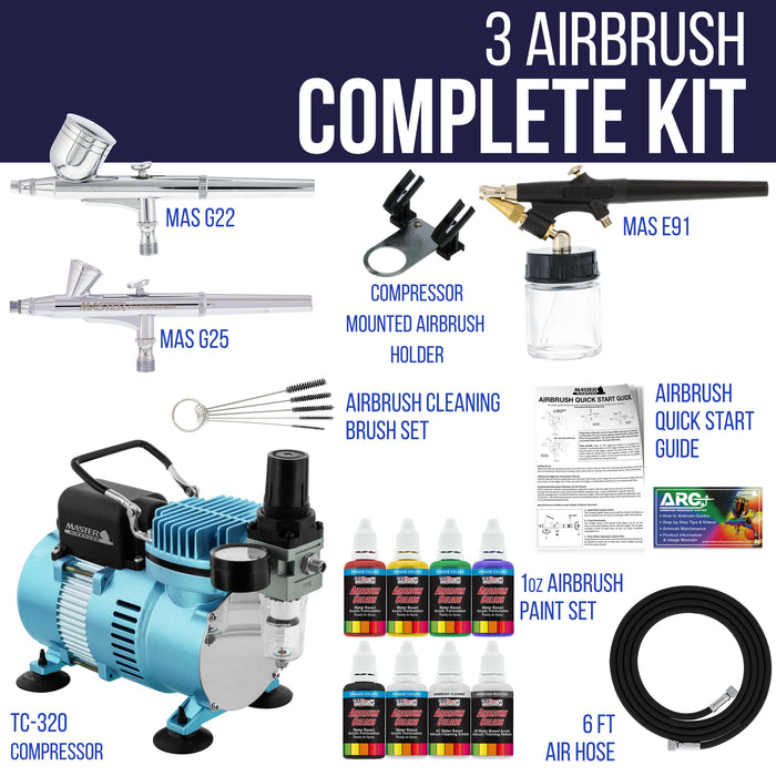 Cool Runner II Dual Fan Air Compressor Airbrushing System Kit with 3 Airbrushes, 6 Primary Opaque Colors Acrylic Paint Artist Set - How To Guide