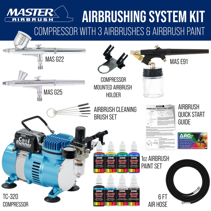 Master Airbrush Cool Runner II Airbrush Kit with Dual Fan Air Compressor, 6 Primary Opaque Colors Acrylic Paint Set, 3 Airbrushes, Cleaning Brushes, Holder & How-To Air Brush Manual