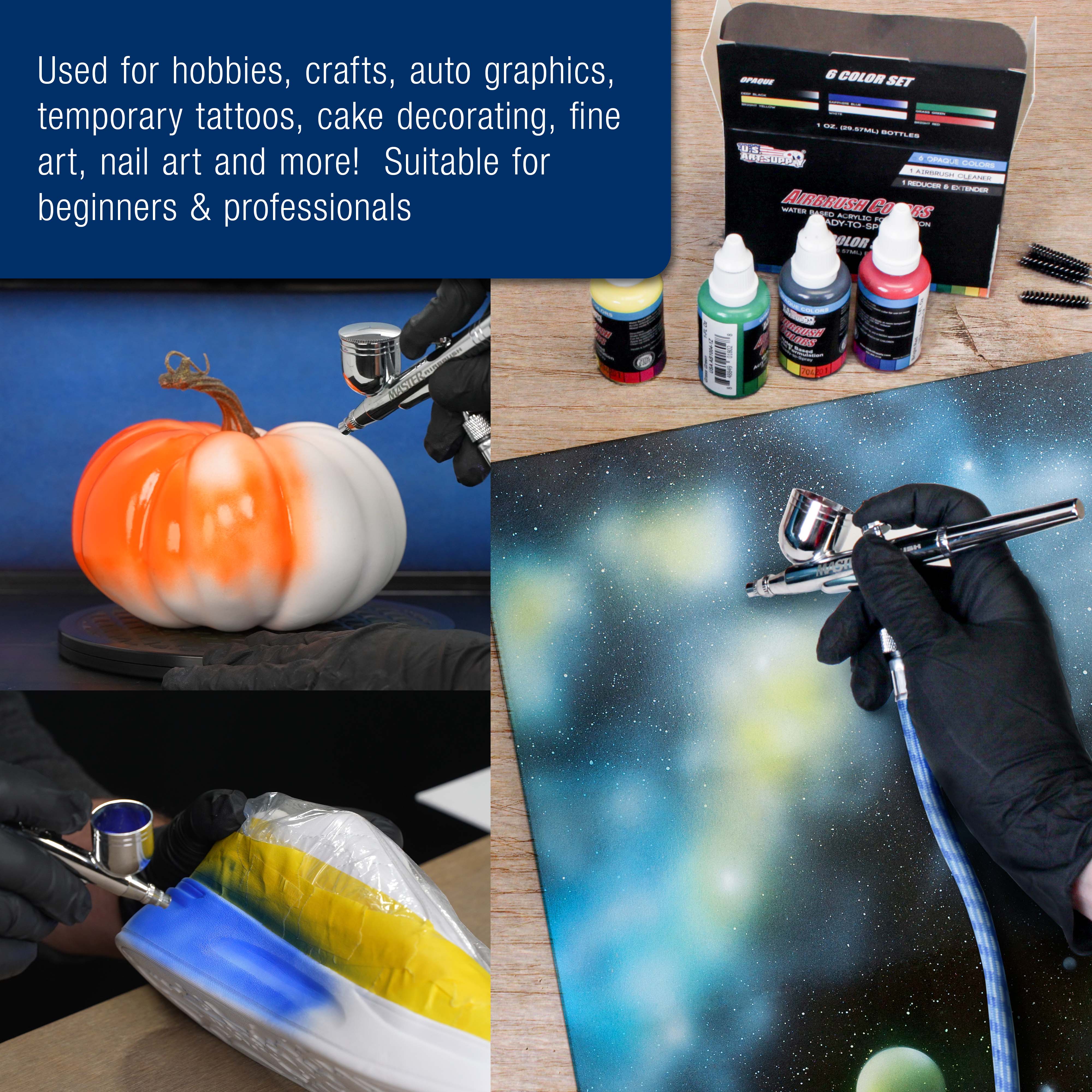 3 Airbrushing System, 6 Colors Acrylic Paint, Gravity & Siphon