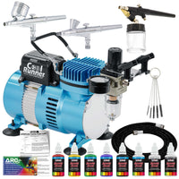 Cool Runner II Airbrush Kit with Dual Fan Air Compressor, 6 Primary Opaque Colors Acrylic Paint Set, 3 Airbrushes, Cleaning Brushes