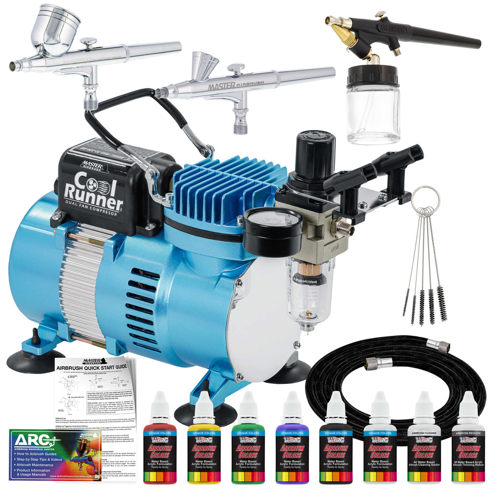 Master Airbrush Cool Runner II Airbrush Kit with Dual Fan Air Compressor, 6 Primary Opaque Colors Acrylic Paint Set, 3 Airbrushes, Cleaning Brushes, Holder & How-To Air Brush Manual
