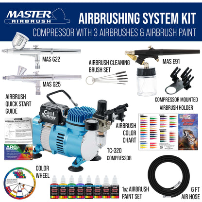 Master Airbrush Cool Runner II with Air Compressor Dual Fan, 3 Airbrushes, 6 Color Acrylic Paint Set, Hose, Brushes & Learning Guide Manual for