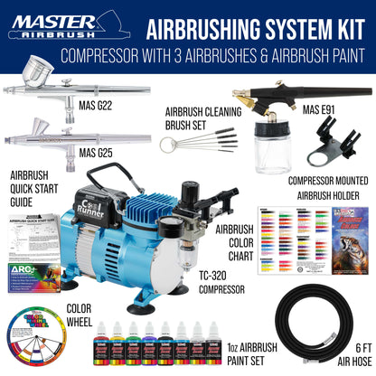 Master Airbrush Cool Runner II with Air Compressor Dual Fan, 3 Airbrushes, 6 Color Acrylic Paint Set, Hose, Brushes & Learning Guide Manual for