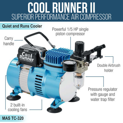 Cool Runner II with Air Compressor Dual Fan, 3 Airbrushes, 6 Color Acrylic Paint Set, Hose, Brushes & Learning Guide Manual for