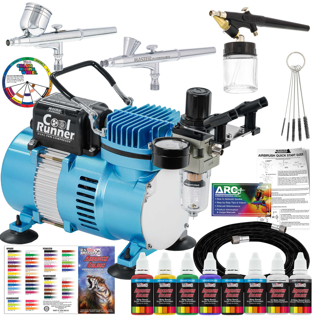 Master Airbrush Cool Runner II with Air Compressor Dual Fan, 3 Airbrushes, 6 Color Acrylic Paint Set, Hose, Brushes & Learning Guide Manual for
