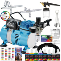 Master Airbrush Cool Runner II with Air Compressor Dual Fan, 3 Airbrushes, 6 Color Acrylic Paint Set, Hose, Brushes & Learning Guide Manual for