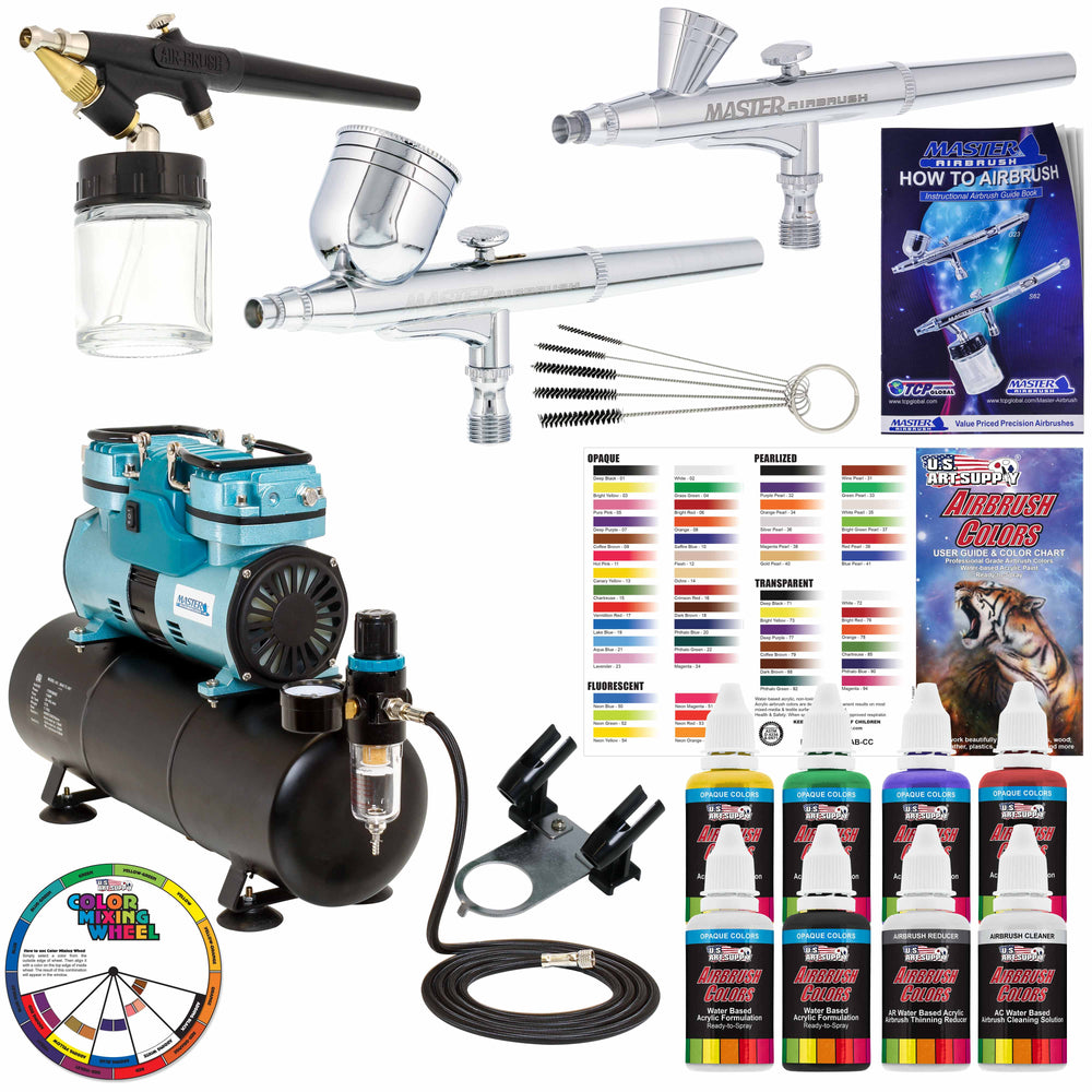 Gravity and Siphon Feed 3 Airbrushing System with 6 Primary Colors Acrylic Paint Set - Cool Running 1/4 hp Twin-Piston Air Compressor, Storage Tank