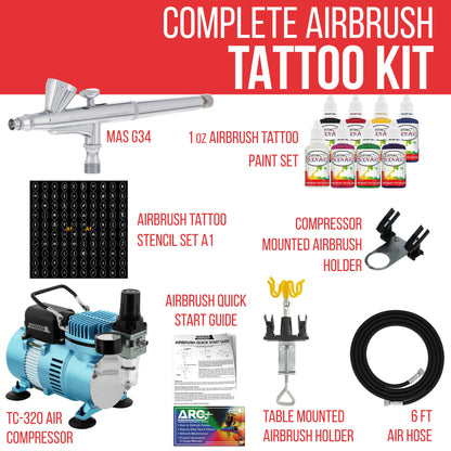 Custom Body Art System Kit with Cool Runner II Dual Fan Air Compressor, Gravity Airbrush, 8 Color Temp Tattoo Paint Set, 100 Stencils, How To Guide