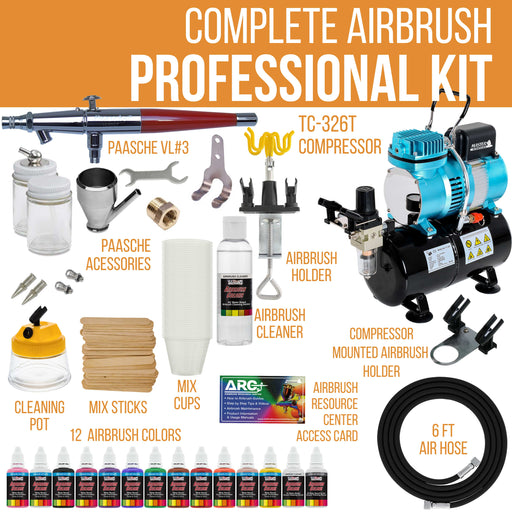 Professional VL SET Airbrush Kit with Cool Runner II Dual Fan Air Storage Tank Compressor System, 12 Color Airbrush Paint Set and Accessories