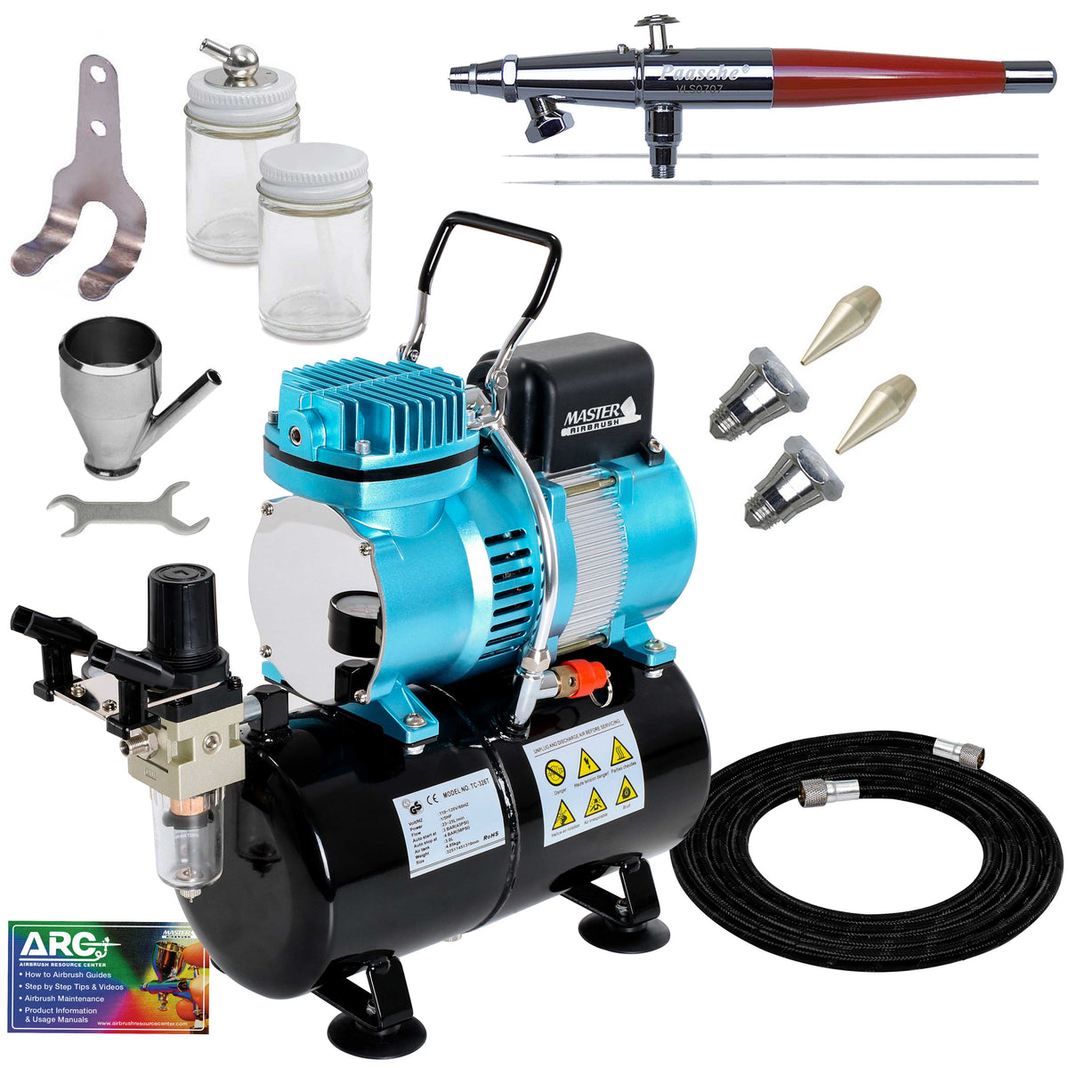 VLS Series Dual-Action Siphon Feed Airbrush Kit with Master TC-20T Compressor & Air Hose
