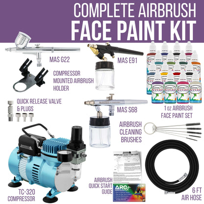 Cool Runner II Airbrush Kit with Dual Fan Air Compressor, 16 Color Water-Based Face & Body Art Paint Set, 3 Airbrushes, Cleaning