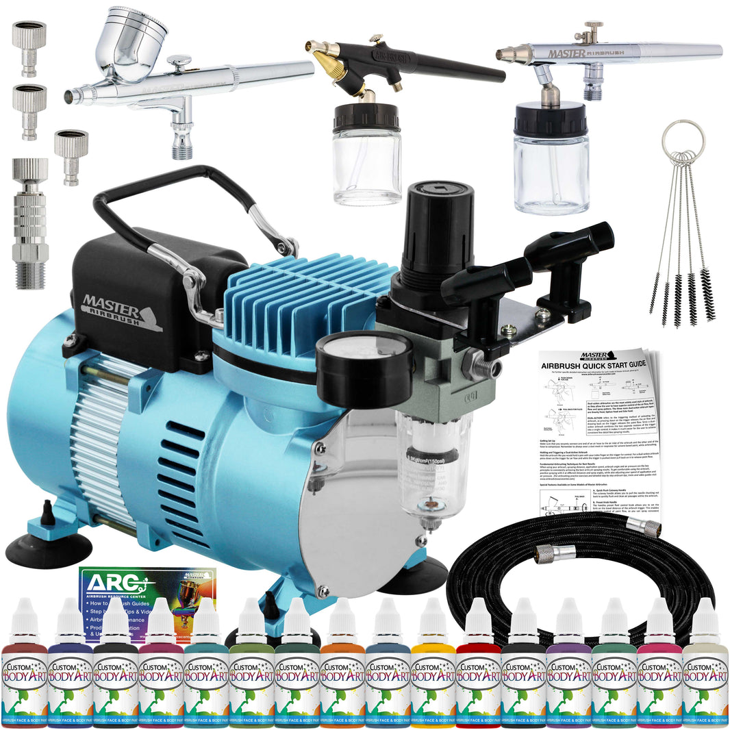 Cool Runner II Airbrush Kit with Dual Fan Air Compressor, 16 Color Water-Based Face & Body Art Paint Set, 3 Airbrushes, Cleaning