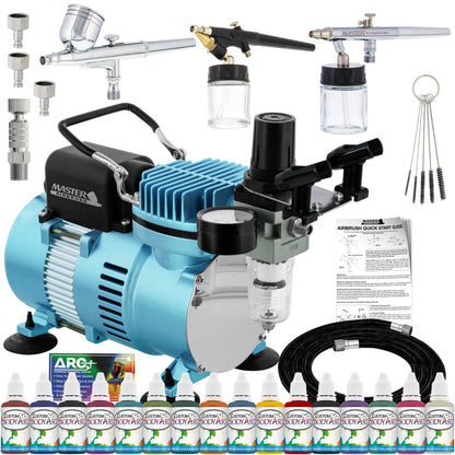 Cool Runner II Airbrush Kit with Dual Fan Air Compressor, 16 Color Water-Based Face & Body Art Paint Set, 3 Airbrushes, Cleaning