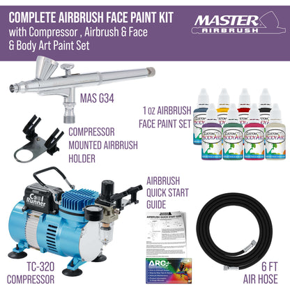 Cool Runner II Airbrush Kit with Dual Fan Air Compressor, 8 Color Water-Based Face & Body Art Paint Set, Pro Gravity Airbrush &