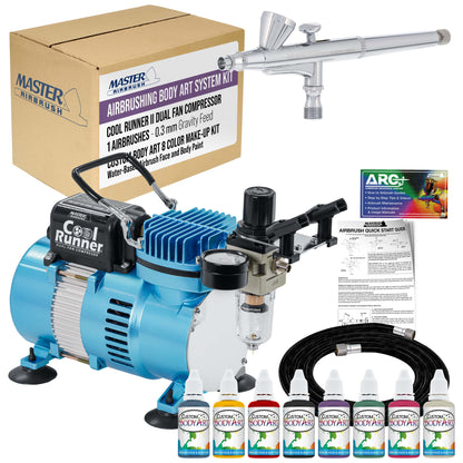 Cool Runner II Airbrush Kit with Dual Fan Air Compressor, 8 Color Water-Based Face & Body Art Paint Set, Pro Gravity Airbrush &