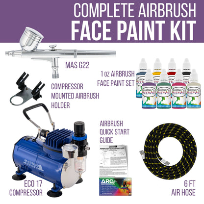 Face & Body Art Airbrush Kit with G22 Airbrush, Single-Piston Airbrush Air Compressor, Air Hose & 8 Custom Body Art Water Based Face Paint Colors