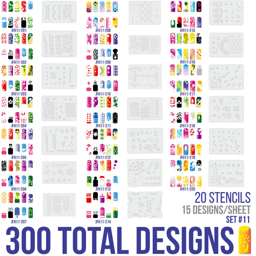 Airbrush Nail Stencils - Design Series Set # 11 Includes 20 Individual Nail Templates with 13 Designs each for a total of 260 Designs of Series #11