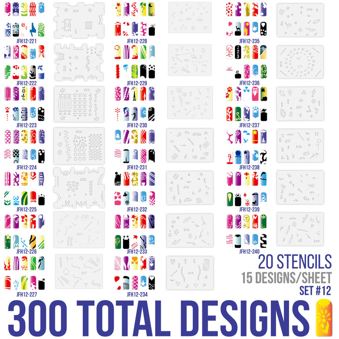 Airbrush Nail Stencils - Design Series Set # 12 Includes 20 Individual Nail Templates with 18 Designs each for a total of 360 Designs of Series #12