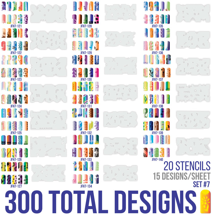 Airbrush Nail Stencils - Design Series Set # 7 Includes 20 Individual Nail Templates with 16 Designs each for a total of 320 Designs of Series #7