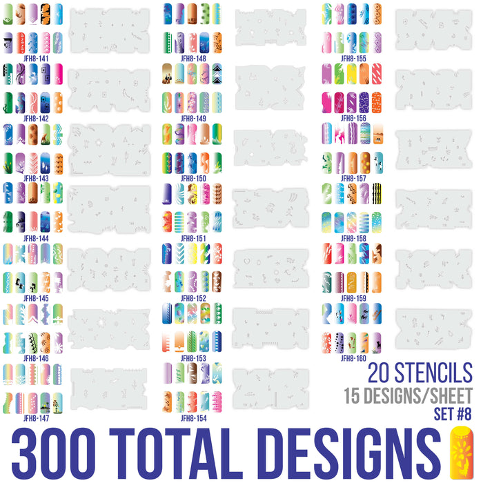 Airbrush Nail Stencils - Design Series Set # 8 Includes 20 Individual Nail Templates with 16 Designs each for a total of 320 Designs of Series #8