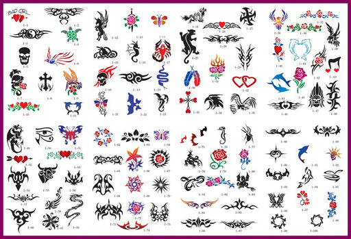 Temporary Tattoo Stencils Booklet Set 1 with 100 Different Self-Adhesive Reusable Stencil Designs