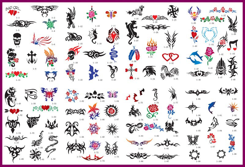 Temporary Tattoo Stencils Booklet #1 With 100 Different Designs